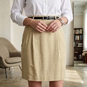 Vintage Anne Klein II Tan Beige 100% Raw Silk Pleated Pencil Skirt Size 4 HK
